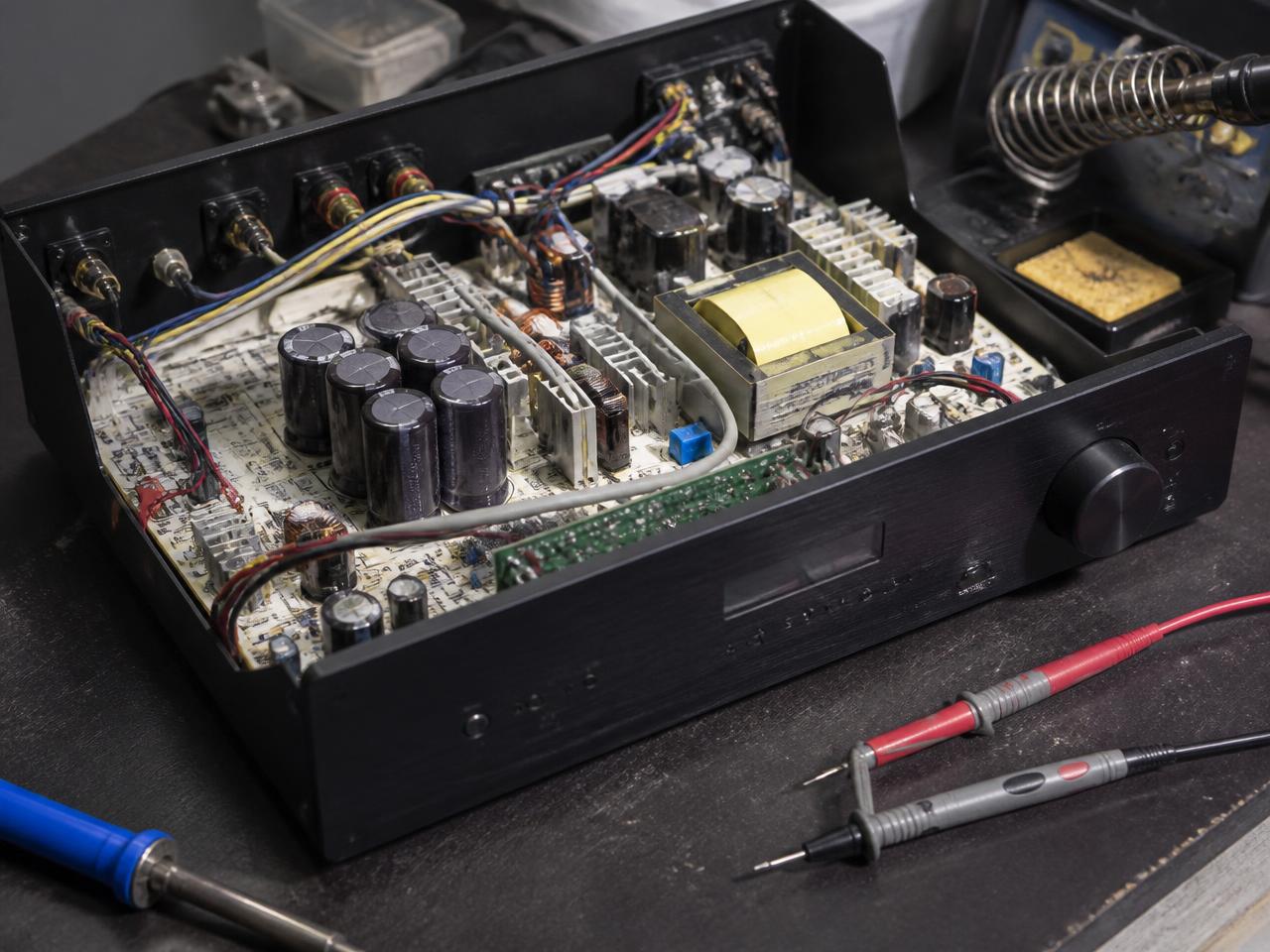 Equipamento de áudio aberto em bancada de manutenção